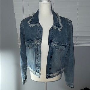 Blue Cropped Jean Jacket with Distressed Details Sz L